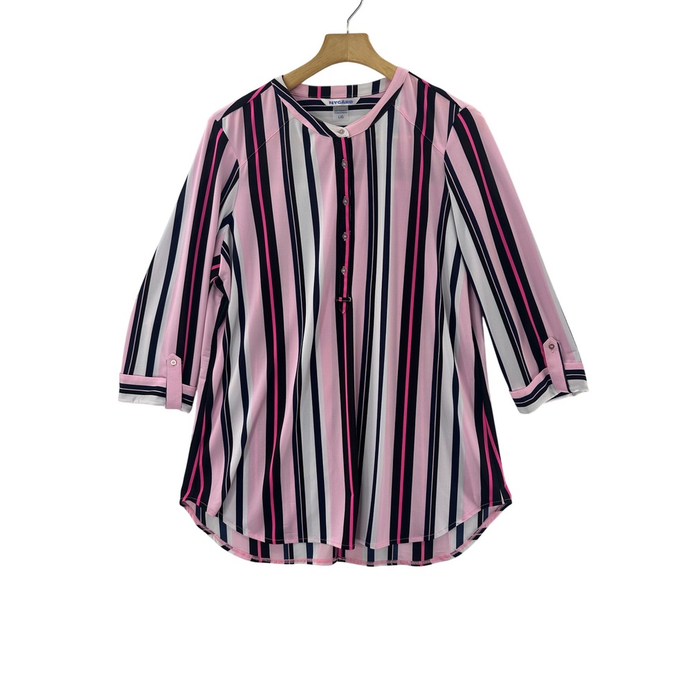 NYGARD Striped Tunic Shirt Women Size Large Button Front Roll Tab Sleeve